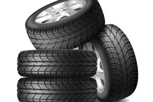 Complete set of car wheels with alloy rims and new tires realistic composition vector illustration